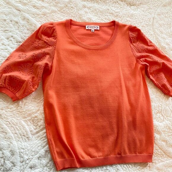 NEW NANETTE LEPORE CORAL LIGHTWEIGHT EYELET SHORT SLEEVE SWEATER S - Picture 5 of 15